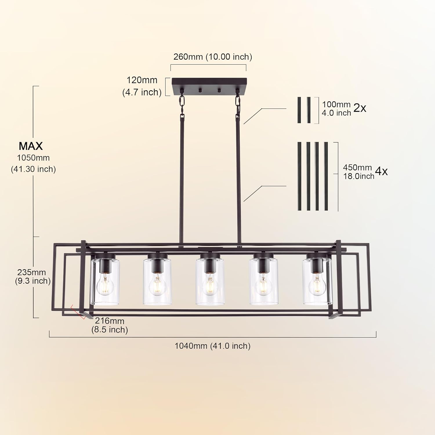 5-Light Farmhouse Kitchen Island Light, Oil Rubbed Bronze Rectangular Pendant Chandelier with Clear Glass Shades, Adjustable Vintage Hanging Fixture for Dining Room