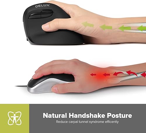 Miniatura 10 de DELUX Mouse vertical inalámbrico, ergonómico pequeño mouse recargable con BT 5.0 y nano receptor, 6 botones y 4 DPI ajustables que reducen el dolor
