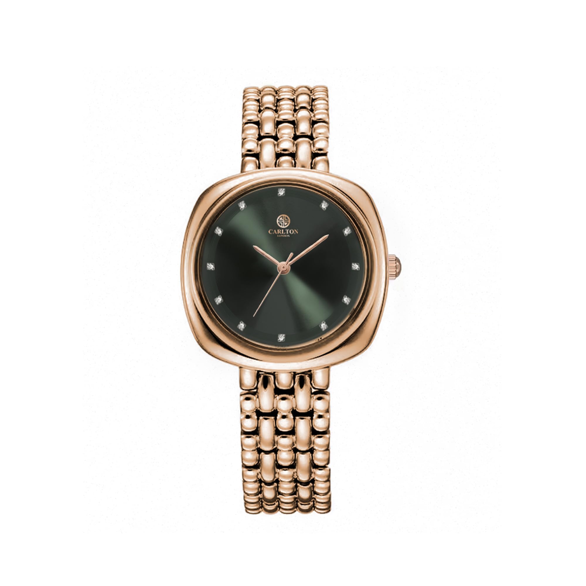 Carlton London Women Celeste Analog Watch, Square Dial, Stainless Steel Strap, Quartz Movement, Dark Green Dial, Rose Gold Strap, 30M Water Resistant, Casual Wear | CLW-CT-44