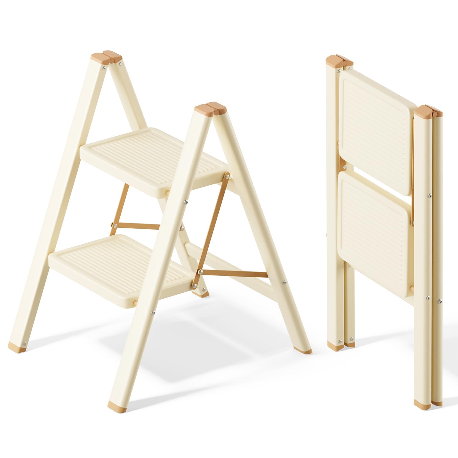 2 Step Ladder, Anti-Slip and Lightweight Foldable Step Stool for Adults & Kids to Use in Kitchen,Closet and Library, 300lbs(Cream Chocalate)