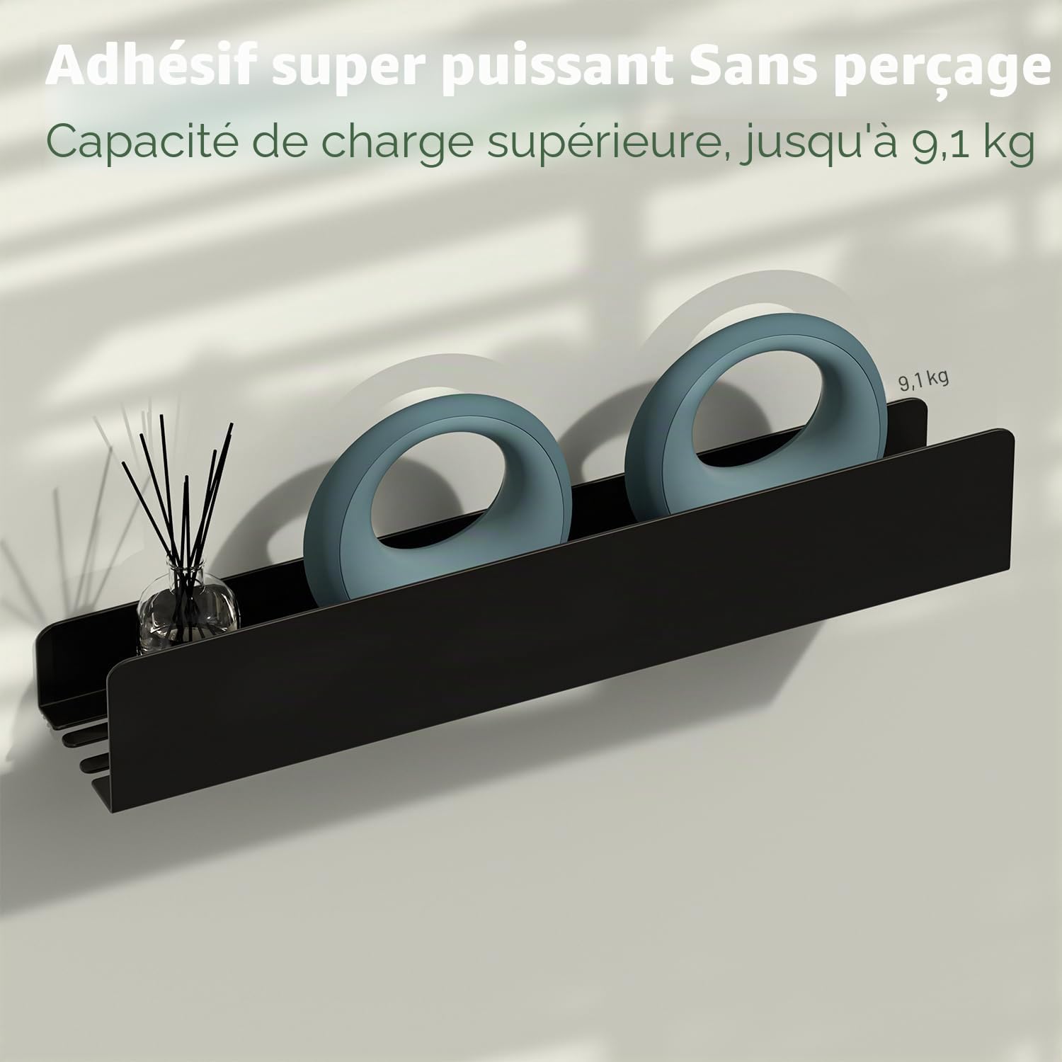 REKITA Étagère de douche sans perçage, 40 cm, en acier inoxydable avec 4 crochets amovibles, support de douche mural adhésif, étagère de bain antirouille pour salle de bain, cuisine, salon