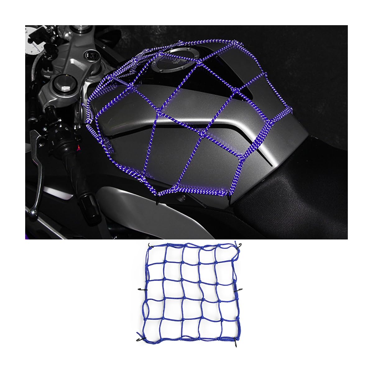 Motorcycle Reflective Cargo Net, 15.7"x15.7" Bungee Cargo Net Natural Latex Core, Stretchable Luggage Thicken Netting with 6 Hooks, Fuel Tank Helmet Mesh for Motorcycle Bikes ATVs UTVs (Blue)