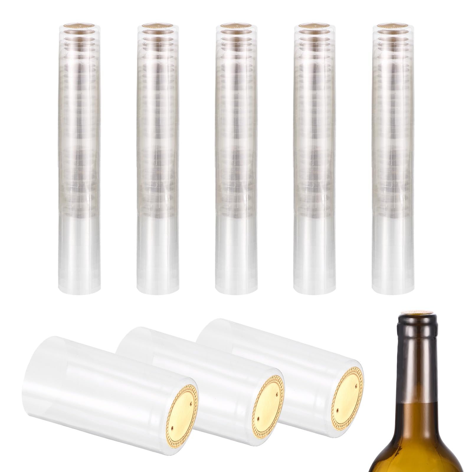 sourcing map 150Pcs PVC Heat Shrink Capsules, 30mm x 60mm Wine Bottle Capsules Shrink Wrap Sleeves Bottle Corks Caps for Wine Making Cellars and Home Kitchen, Gold/Transparent