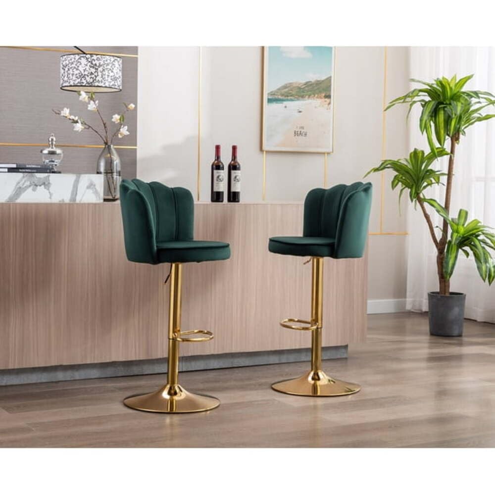 Dream Furnishing - Set of 2 Bar/Kitchen Flower Chairs 360 Degree Rotatable Swivel Elegant Classy & Comfortable Chair with Golden Base and Velvet Fabric (2, Green)-image-7