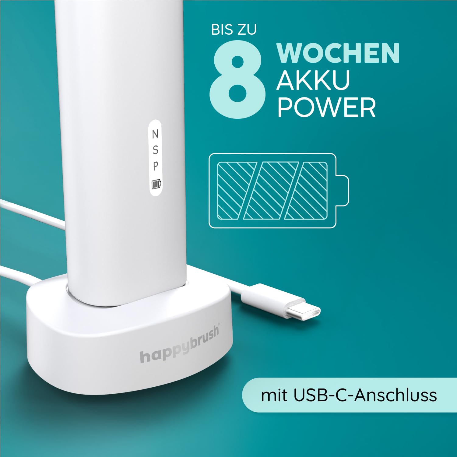 happybrush® Spazzolino elettrico sonico Eco VIBE 3 - Spazzolino sostenibile con batteria ricaricabile che dura 6 settimane, con 3 testine di ricambio e dentifricio - Bianco/Menta