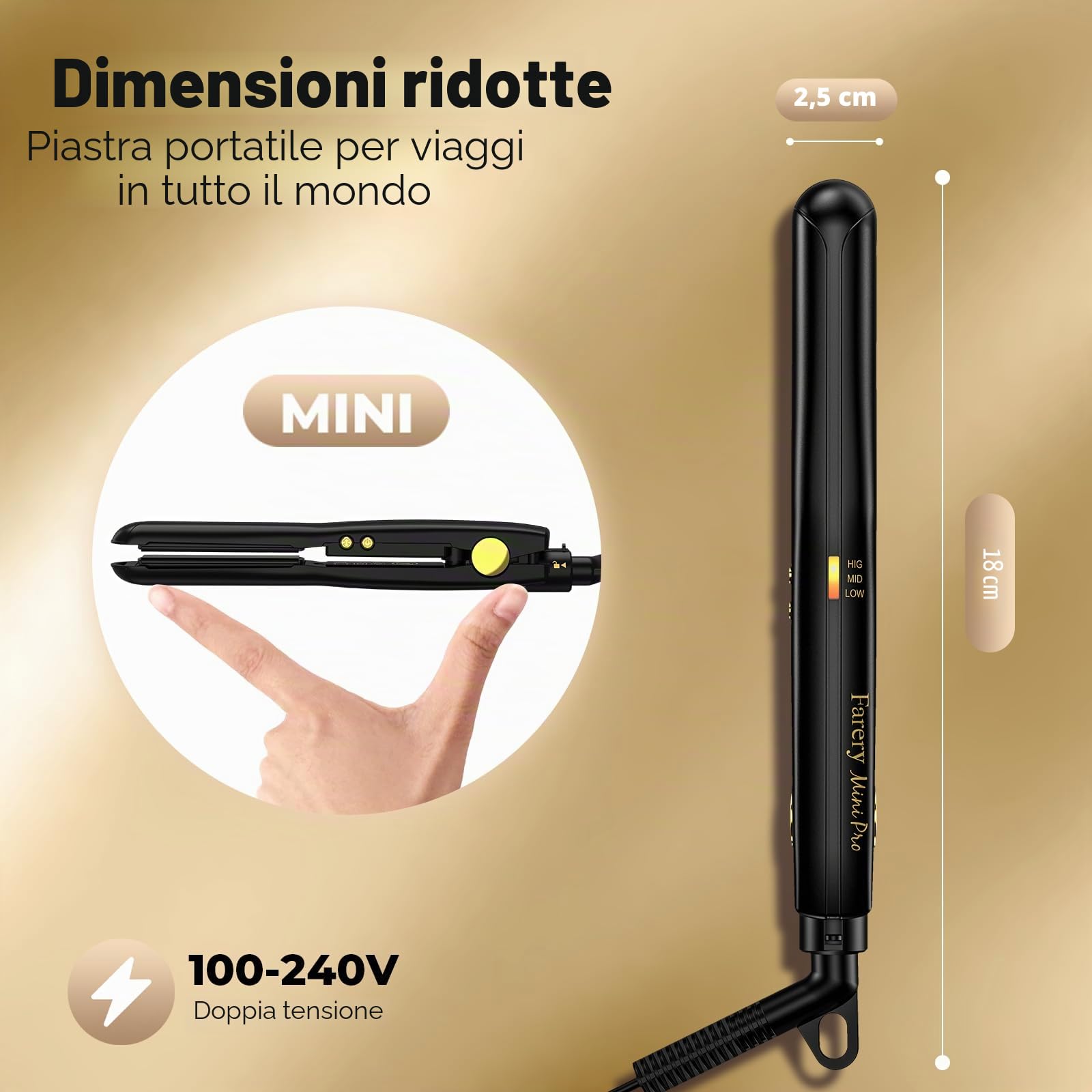 Farery Mini Piastra per capelli corti, piccolo straighter in ceramica con turmalina, mini straighter per viaggi con custodia, spegnimento automatico, doppia tensione, temperatura regolabile