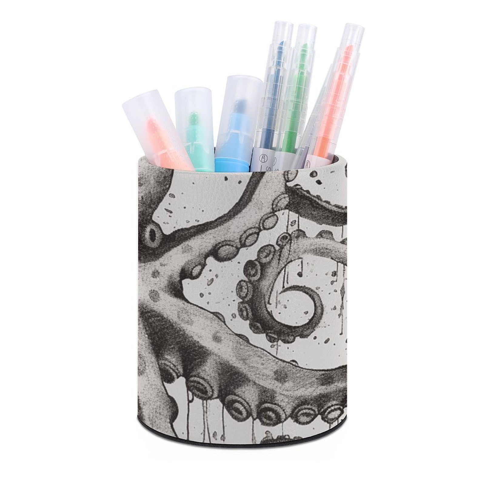 FekiLoot PU Leather Round Pen Holder Octopus Pencil Holder Desk Organizer Pen Organizer Pen Cup Pencil Cup Caddy Desktop Stationery Organizers for Office Home Supplies