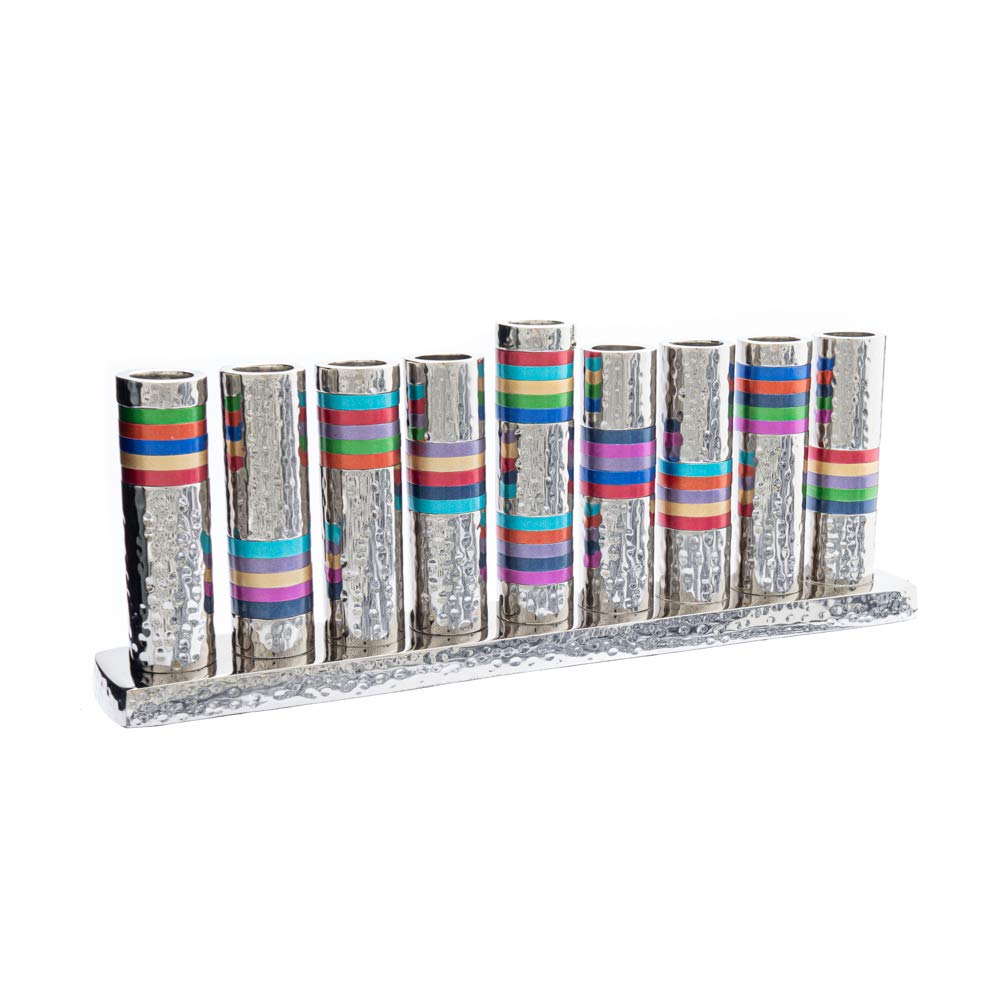 Yair Emanuel Hammered Hannukah Menorah Aluminium Nickel Hammerwork Colored Rings (HMV-1) Judaica