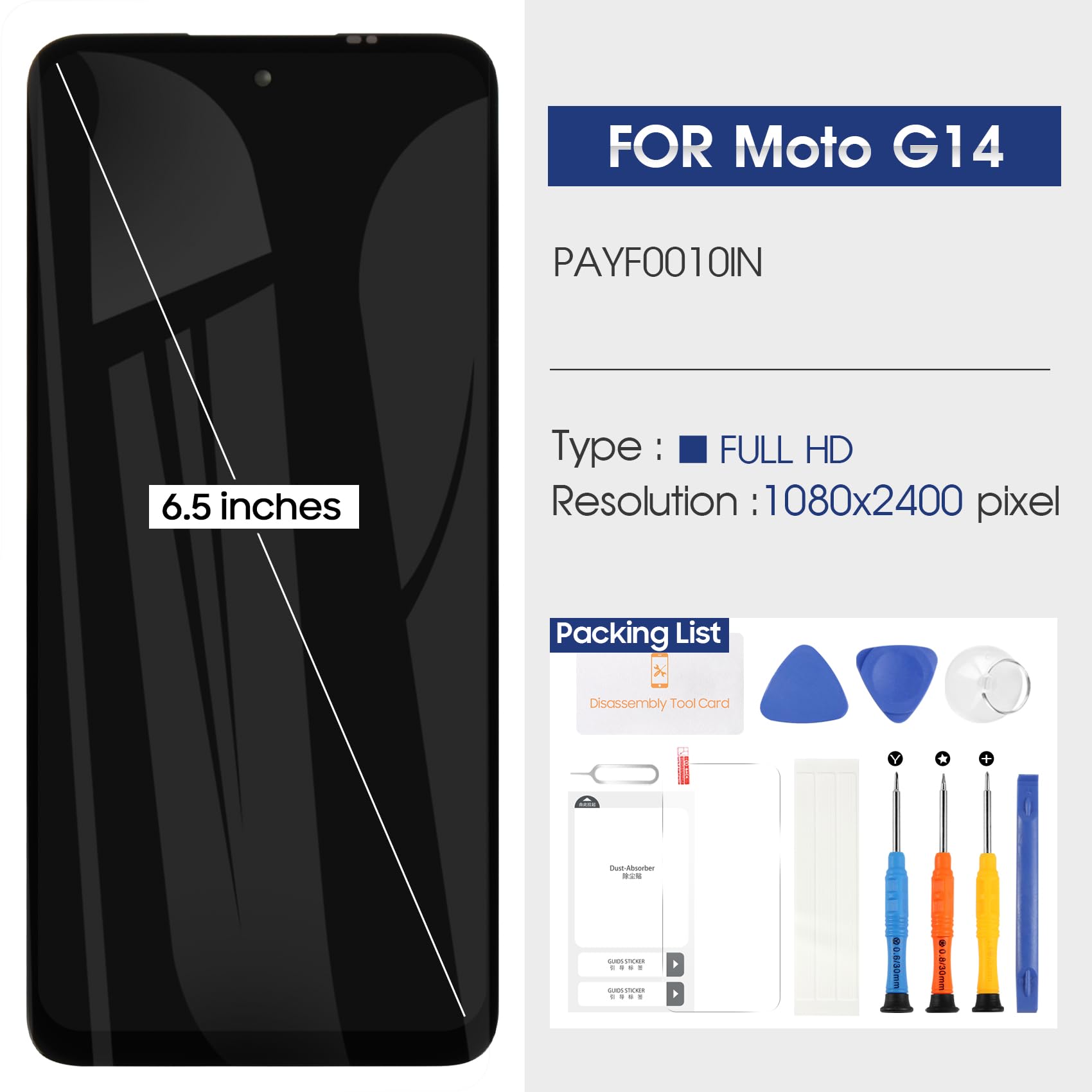 Reparo Schermo per Motorola Moto G14 / G54 LCD Display, per Moto G14 LCD Sostituzione dello Schermo per Moto G54 Touch Screen Digitizer Full Assembly con Strumenti XT-2341 XT2343-2 PAYF0010IN