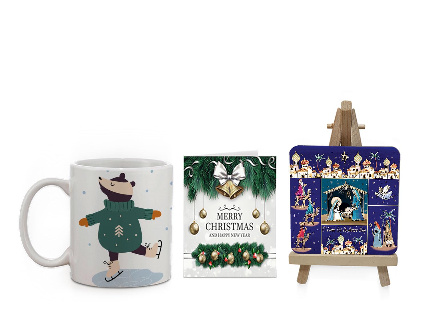 Mojolo Merry Christmas Gift Combo | Ceramic Mug, Greeting Card & Wooden Easel Frame | Secret Santa Gift(x250244)
