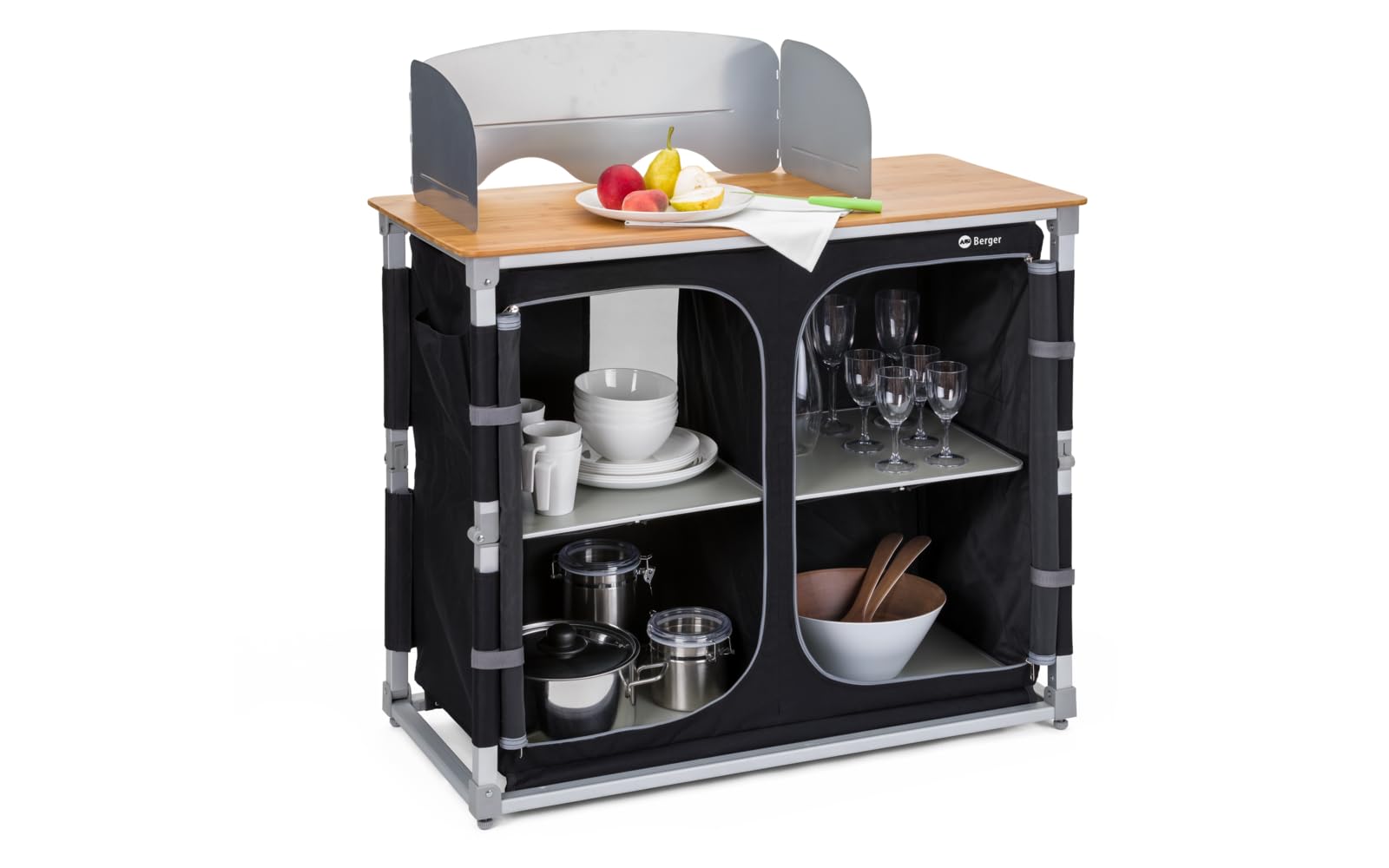 BERGER Küchenbox Deluxe Campingküche Campingschrank faltbar mit Bambus