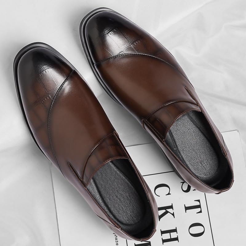 “Men's Leather Upper Slip - on Loafers, Classic Round Toe Business Formal Dress Shoes with Polished Toe Detailing and Low - Profile Heel”2