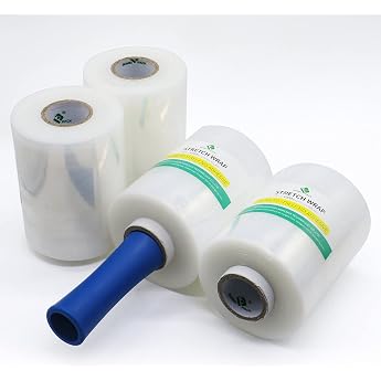BOMEI PACK Mini Stretch Film Hand Wrap Film 20  m x 127 mm x 300 m Transparent Packing Film 4 Rolls with 1 Handle