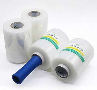 BOMEI PACK Mini Stretchfolie, Handfolie Wickelfolie, 20my x 127mm x 300m, Packfolie Transparent, 4 Rollen mit 1 Griff
