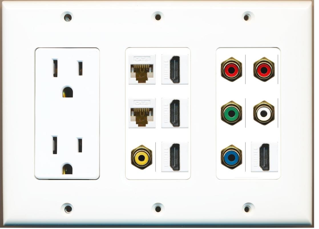 RiteAV - (3 gang) gniazdo zasilania 15 A 4 HDMI 2 Cat6 biały komponent wideo stereo płyta ścienna