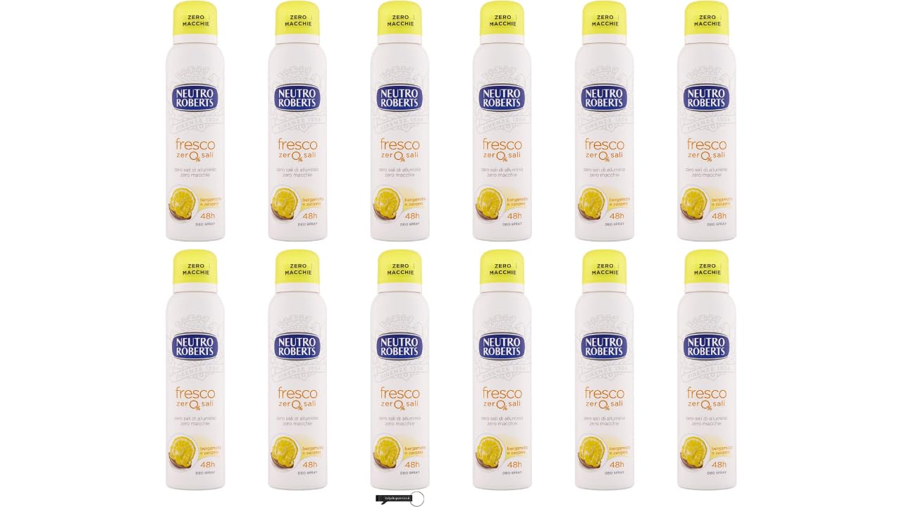 Neutro Roberts - 12 deodoranti spray Fresco, senza sali di alluminio, zero macchie, bergamotto e zenzero, protezione 48 ore, 150 ml, + portachiavi Italy Shop Service in omaggio