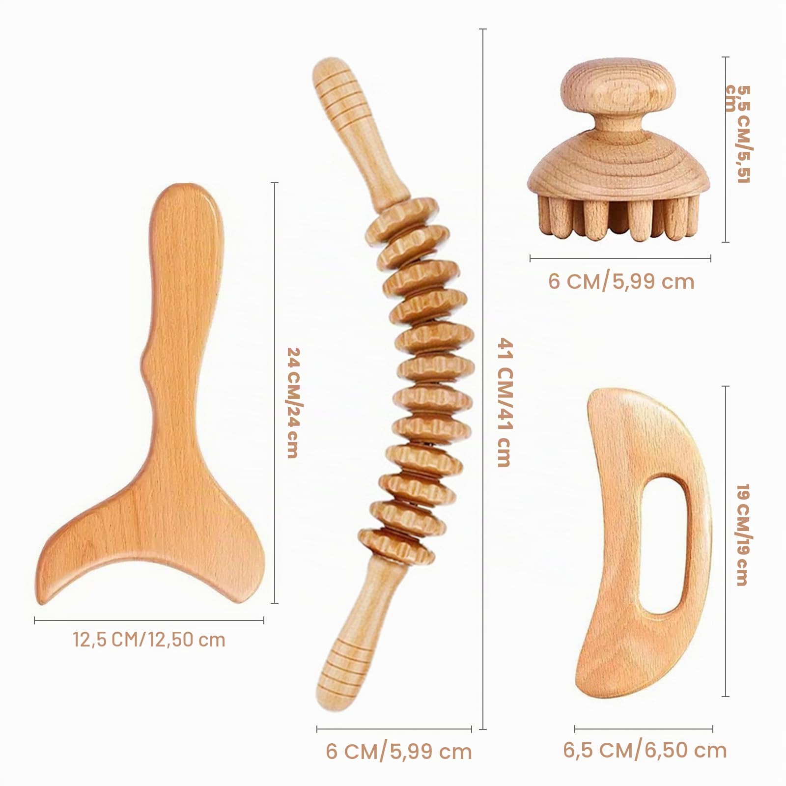 Maderothérapie Kit Complet Cellulite 4 Pieces, Professionnelle Massage Thérapeutique en Bois Brosse a Sec Drainage Lymphatique, Gua Sha, Anti Cellulite pour Soulager la Douleur et Détendre