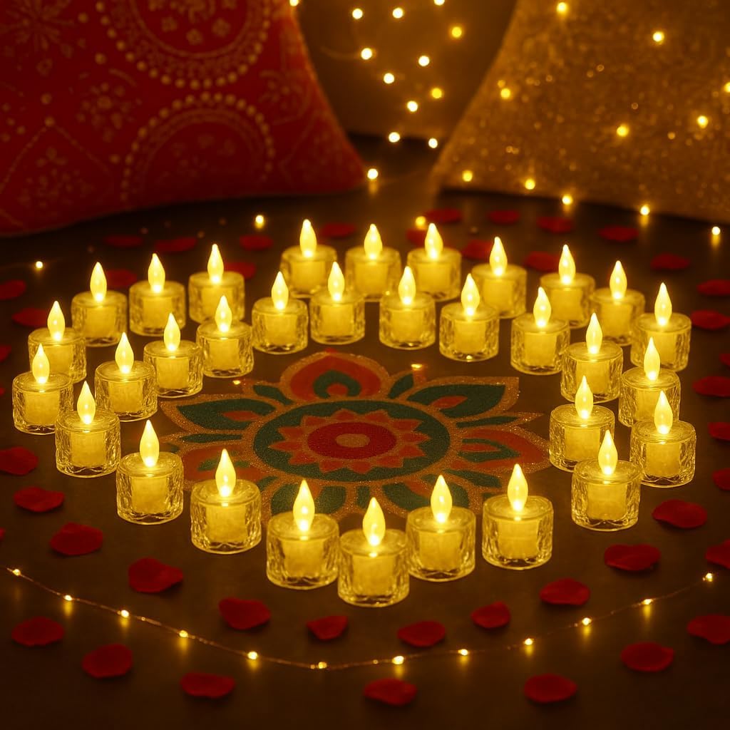 - Amazon Basics 24 Pcs Decorative Crystal LED Tealight for Gifting, Office & Home Décor (Yellow)