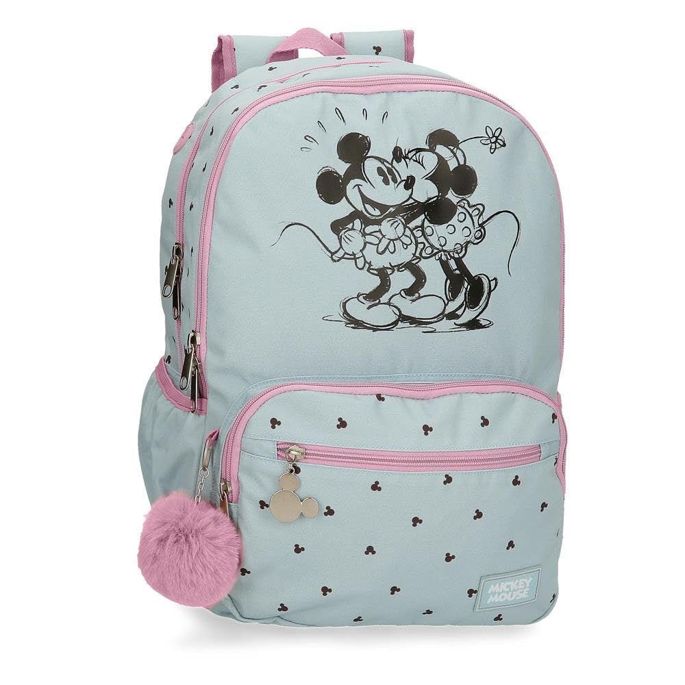 Disney Joumma Bags Mickey & Minnie Kisses Mochila Infantil, Mochila Escolar, Fabricada en Poliéster, Azul y Rosa, Tirantes Anchos, ergonómicos y Acolchados, con Pompom Decorativo