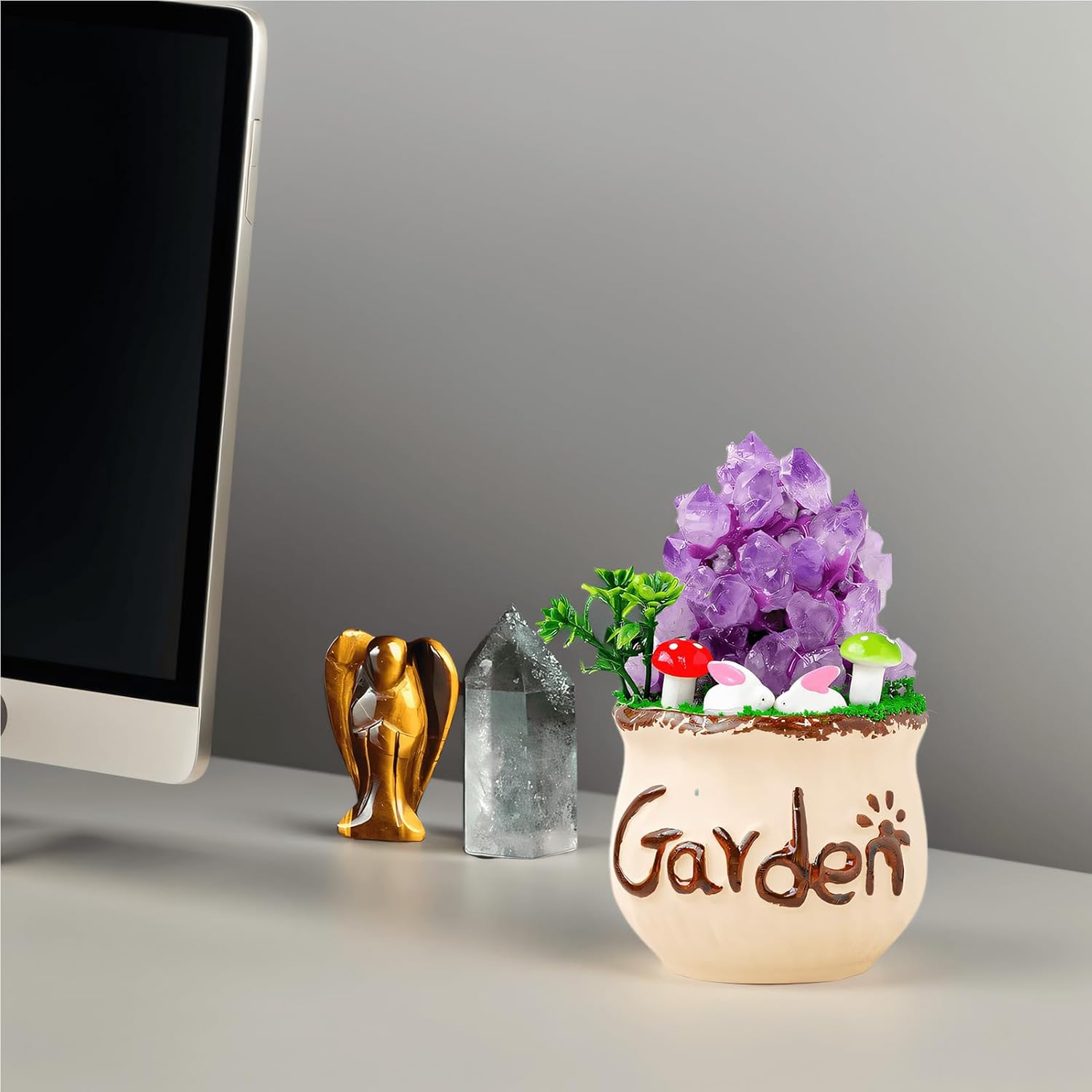 Feng Shui Modern Natural Amethyst Cluster Bonsai Crystal Decor, Crystal Healing Unique Home Office Desk Decoration for Women, Handmade Trinkets for Shelf Decor