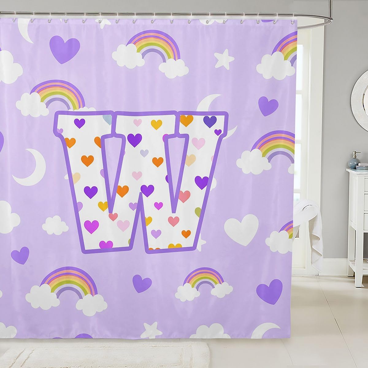 jejeloiu Cute Purple Rainbow Shower Curtain Star Moon Print Bath Curtain Personalized Letter W Bathroom Waterproof Accessories with 12 Hooks Colorful Love Heart Waterproof Polyester,72x72 Inches