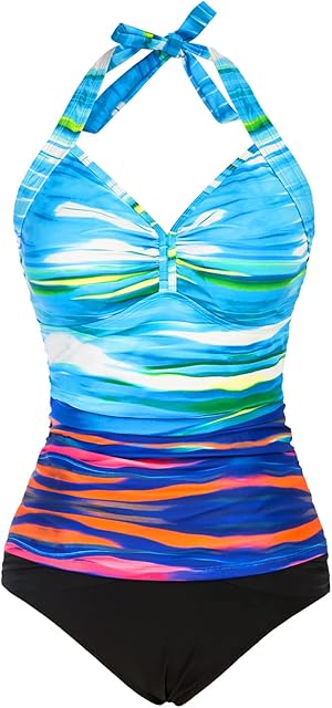 JASAMBAC Women's Halter Tankini Bathing Suits Two Piece Ruched V Neck Tankini Tops with Bikini Bottom