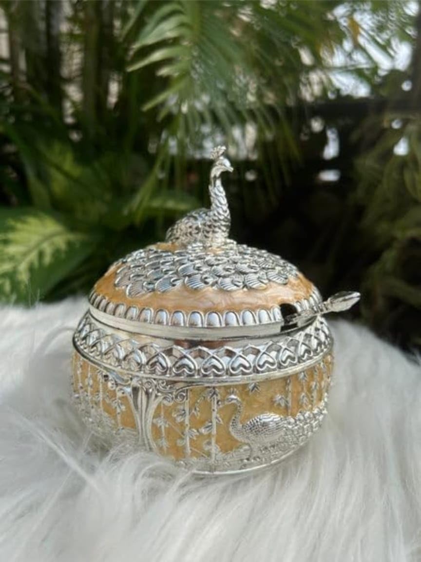 Premium Peacock Design Silver-Plated Decorative Dry Fruit & Sugar Pot with Spoon | Multipurpose Tableware Storage Bowl | Fancy Gift Item for Home & Kitchen (Peach) 2