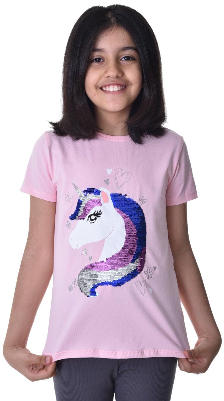 Generisch Unicornio 3 Niños Niñas Reversible Lentejuelas Camiseta Larga Blusa Manga Corta Túnica Talla 122-146 100% Algodón