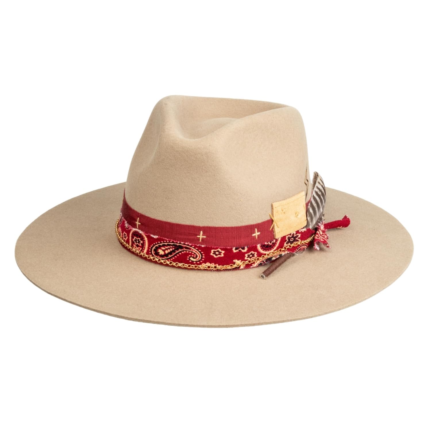 RUEDIGER Vintage Wide Brim Fedora Hats 100% Wool Stiff Felt Hat Rancher Hat with Lightning Logo Handmade Distressed/Burned