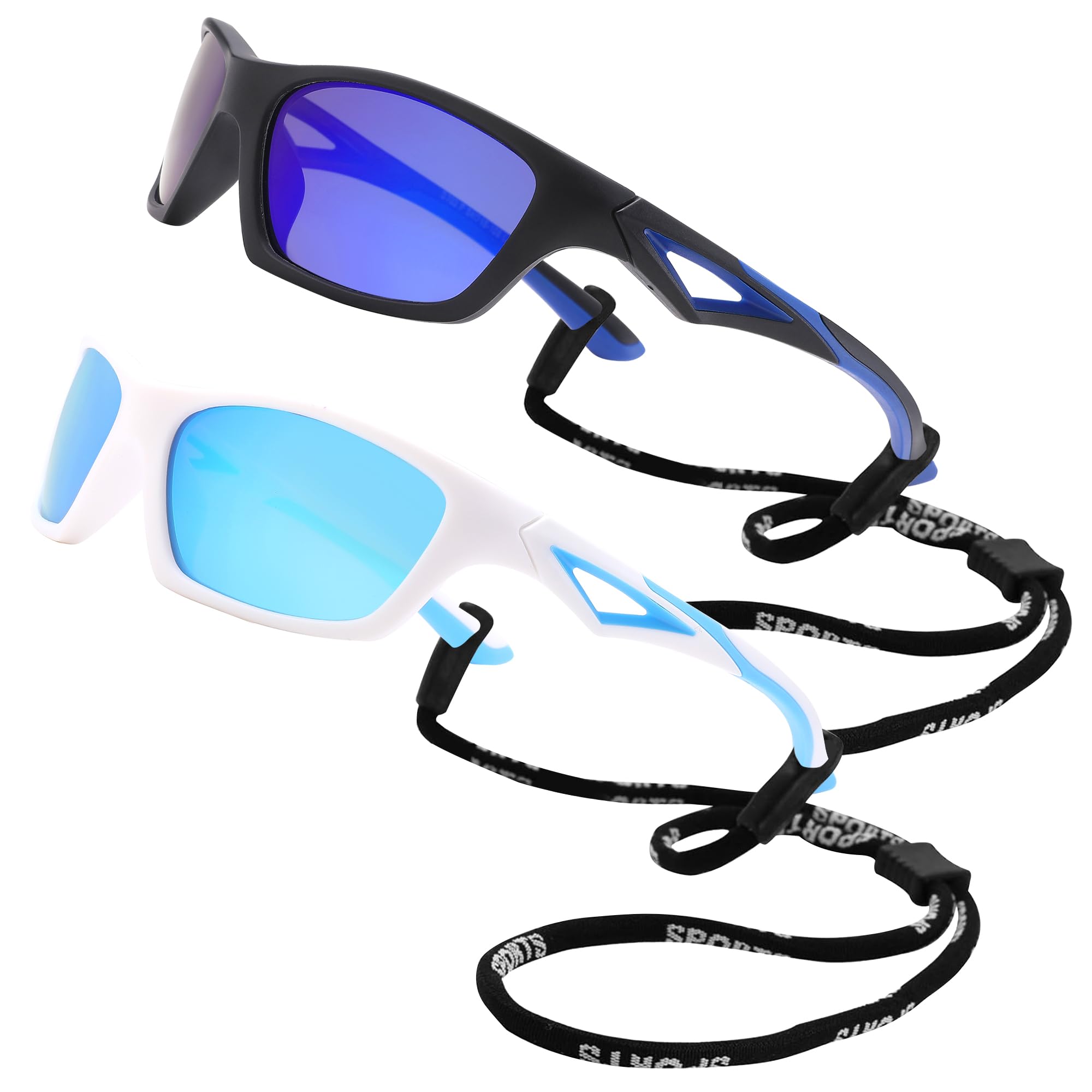 LIU·WEN Kids Baseball Sports Polarized Sunglasses 2 Pack - Flexible Shades With Strap for Boys Girls Age 2-8