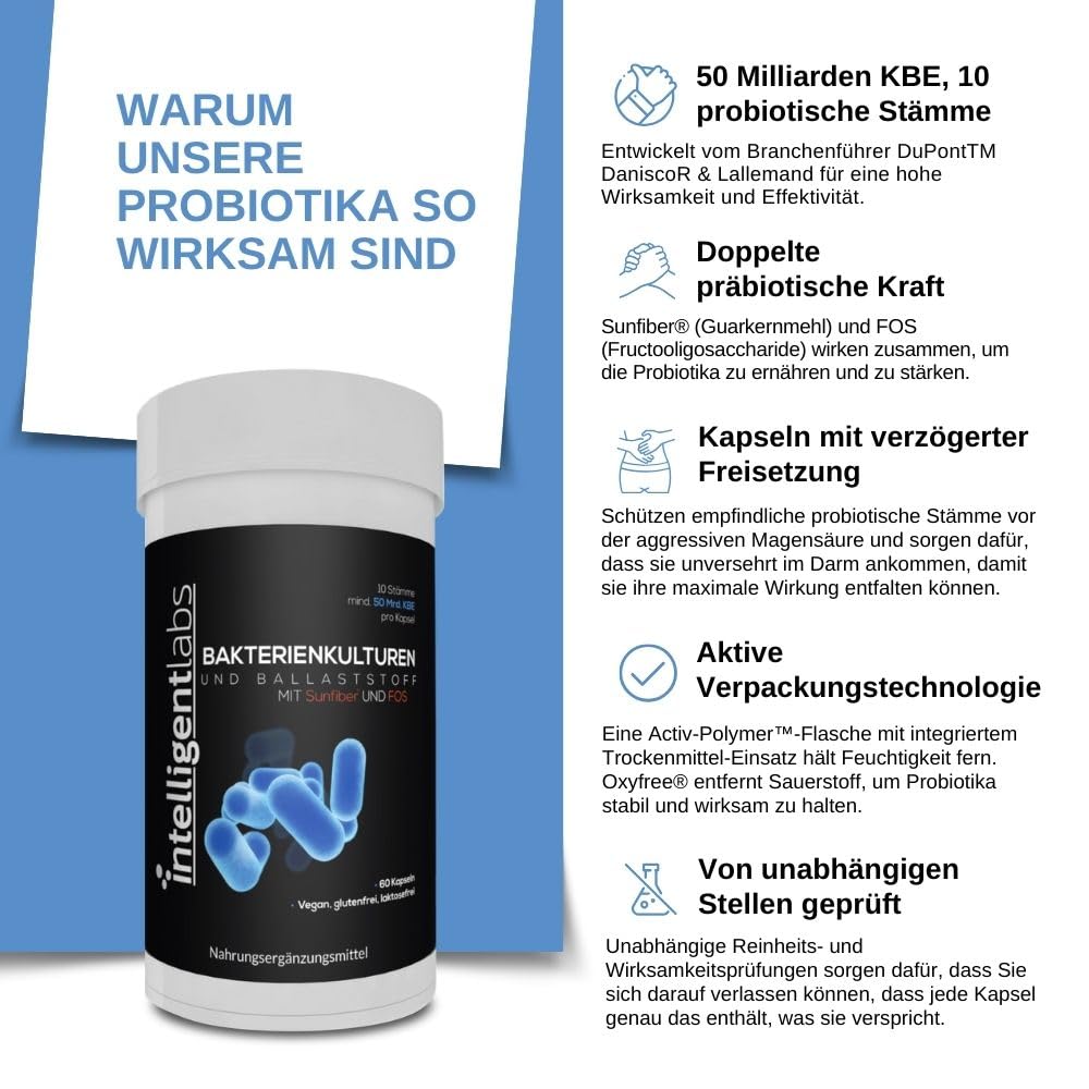 Intelligent Labs 50 Milliarden KBE Probiotikum mit Präbiotika, keine Kühlung erforderlich, mit Sunfiber und FOS für 10x mehr Effektivität, Vorrat für 60 Tage