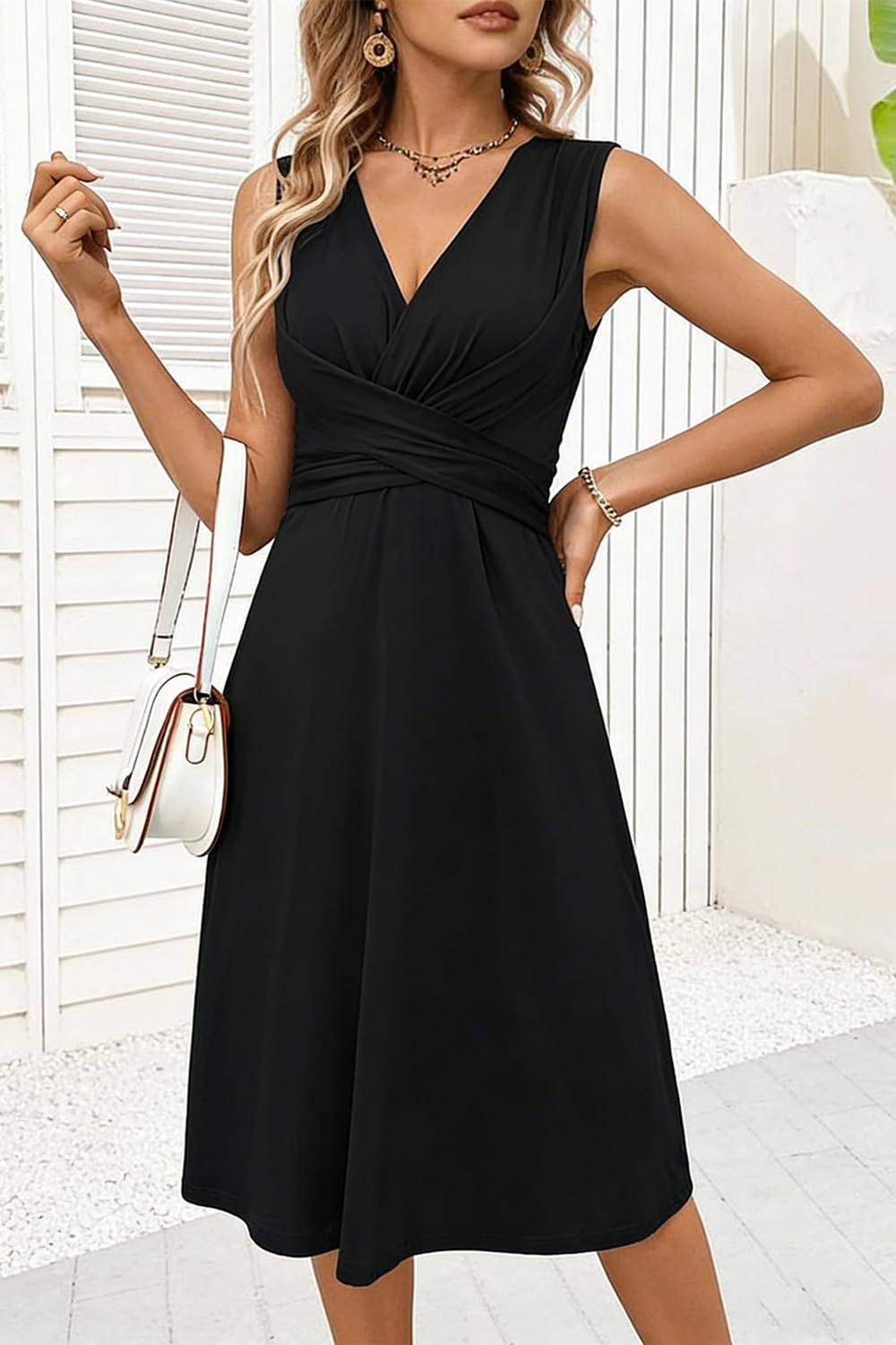 Robe d'été pour Femme sans Manches, col V croisé, Plis à la Taille, Coupe A midi, Robe décontractée pour Tous Les Jours, Plage et soirée