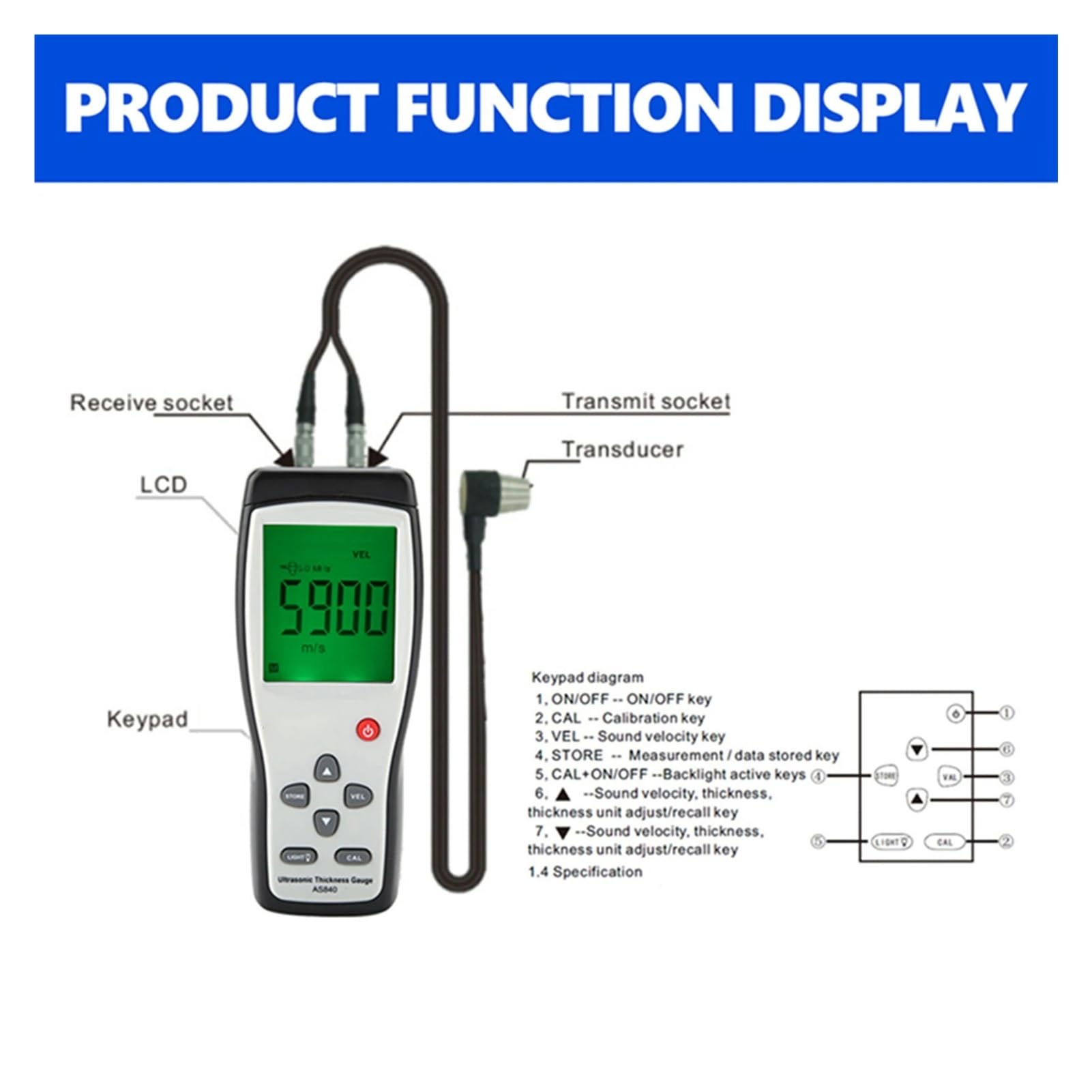 Medidor de espesor ultrasónico digital, medidor velocidad del sonido, comprobador profundidad metales, acero, plástico, vidrio, PVC y tuberías Con calibración automática