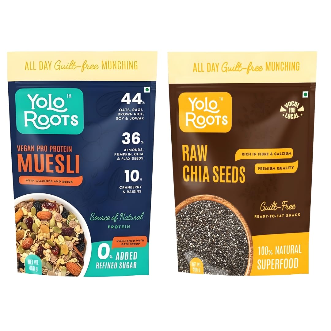 Yolo Roots Vegan Pro Protein Muesli 400g & Raw Chia Seeds 200g Combo | 16g Protein Multigrain Fruit Nut Muesli, No Added Sugar, Gluten Free Breakfast & Superfood Seeds (Pack of 2)
