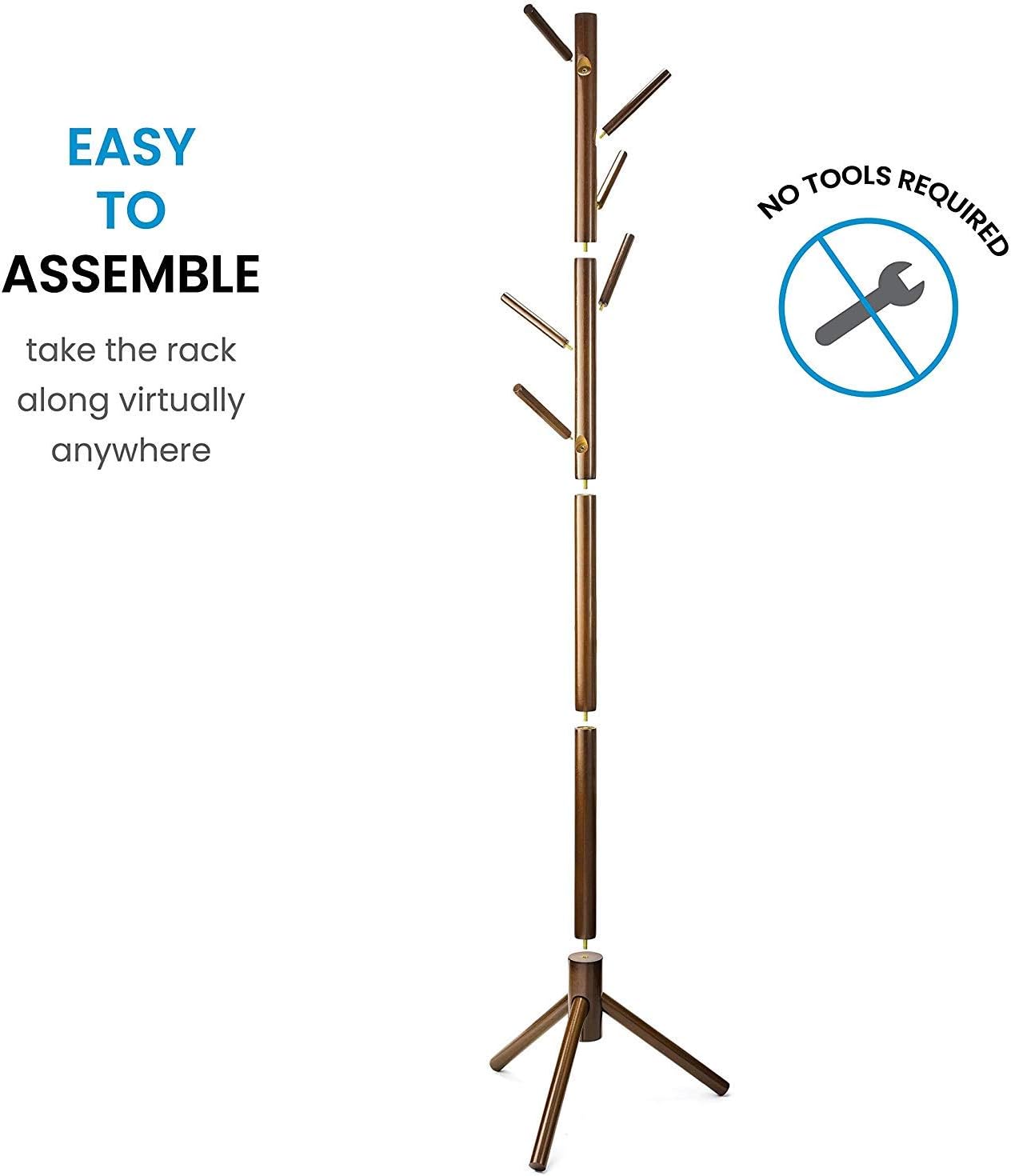 High-Grade Wooden Tree Coat Rack Stand, 6 Hooks - Super Easy Assembly NO Tools Required - 3 Adjustable Sizes Free Standing Coat Rack, Hallway/Entryway Coat Hanger Stand for Clothes, Suits, Accessories : Home & Kitchen
