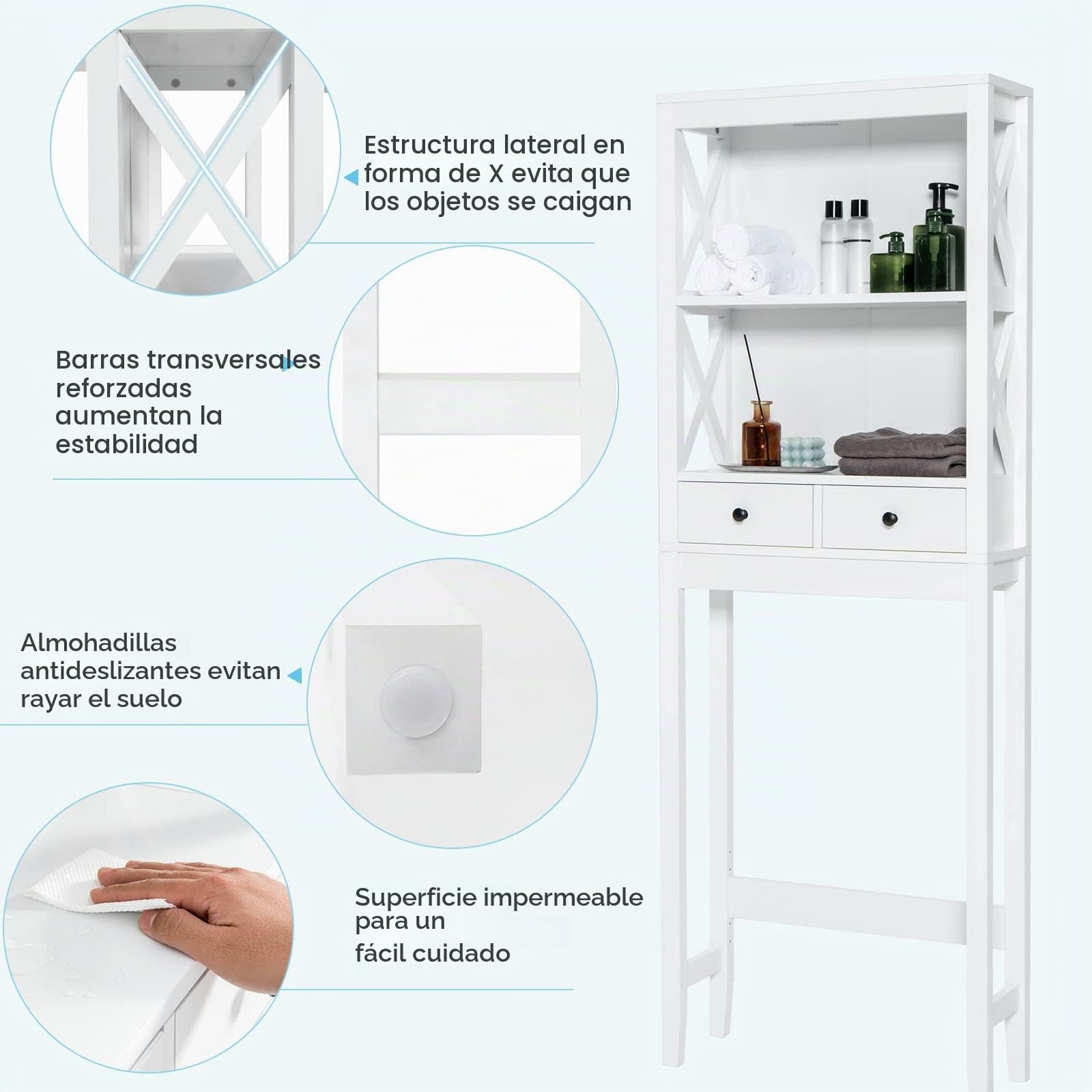 LIFEZEAL Armario sobre Inodoro, Organizador con 2 cajones, Mueble con estantería para baño, Armario de Madera para el Inodoro, Lavadora, 60 x 20 x 165,5 CM, Blanco