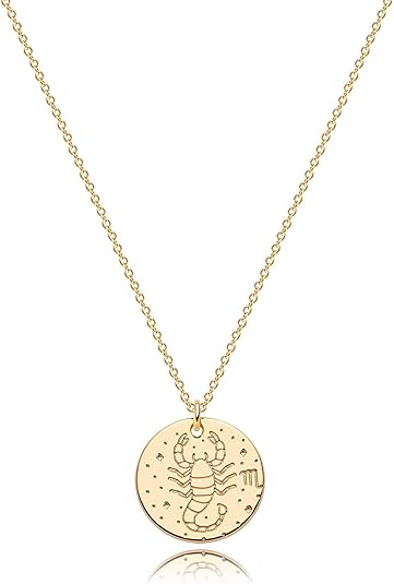 WEARON Zodiac Necklace for Women Gold Coin Disc Constellation Horoscope Sign Astrology Engraved 14k Gold Plated Dainty Chain Personalized Birthday Jewelry