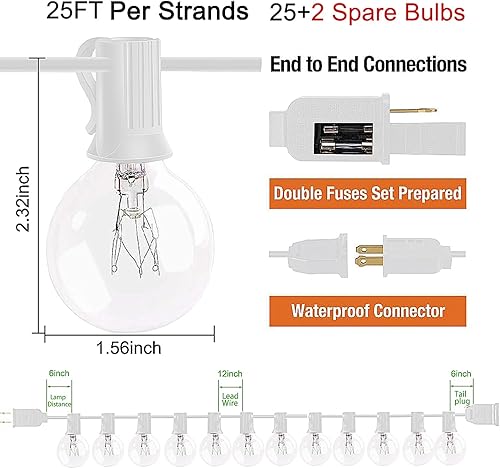 Miniatura 7 de Konictom Tira de luces para exteriores de 25 pies, luces de patio G40 con 27 bombillas (2 de repuesto) de 5 W, base de enchufe E12, luces colgantes