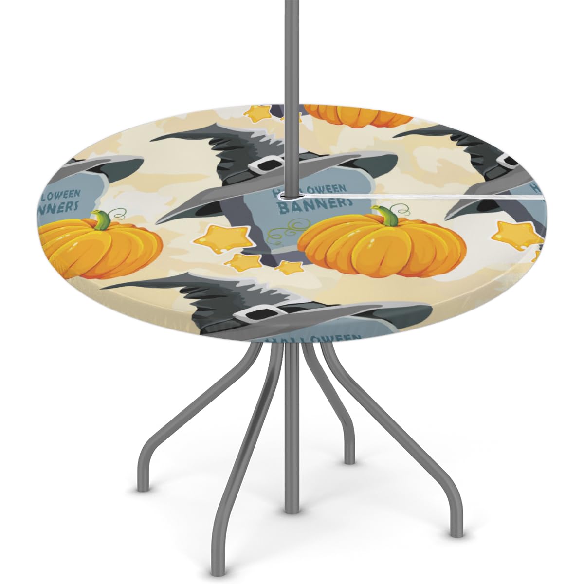 XMNYGJ Halloween Pumpkin Tombstone Round Tablecloth with Umbrella Hole Outdoor Waterproof Fitted Table Cover Elastic Edge Polyester Fabric Zippered Table Cloth for Patio Picnic 36