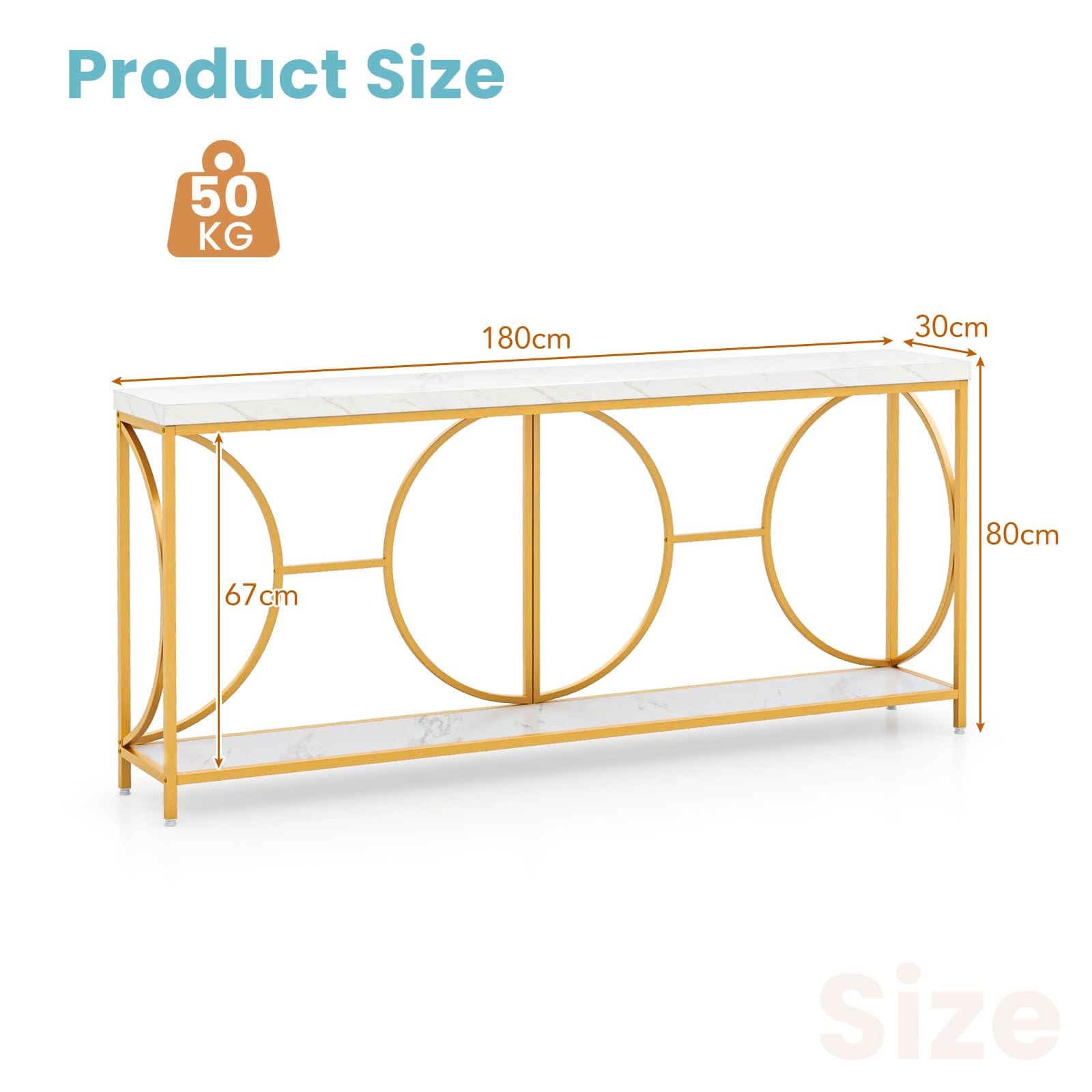 LIFEZEAL 180 cm długa konsola, 2-poziomowy stolik wejściowy z blatem ze sztucznego marmuru, ramka geometryczna, nowoczesny długi wąski stolik boczny, 180 x 30 x 80 cm, biały + złoty