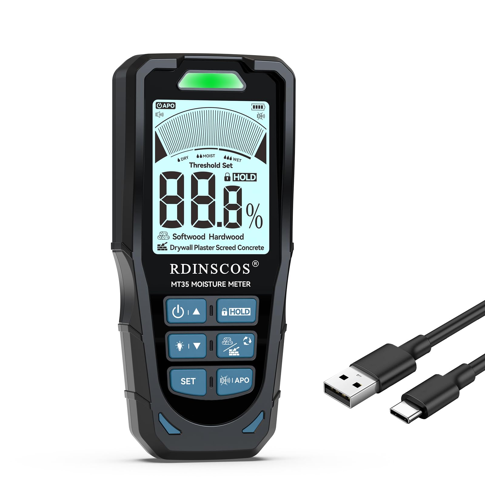RDINSCOS MT35 Pinless Moisture Meter with USB cable and storage bag