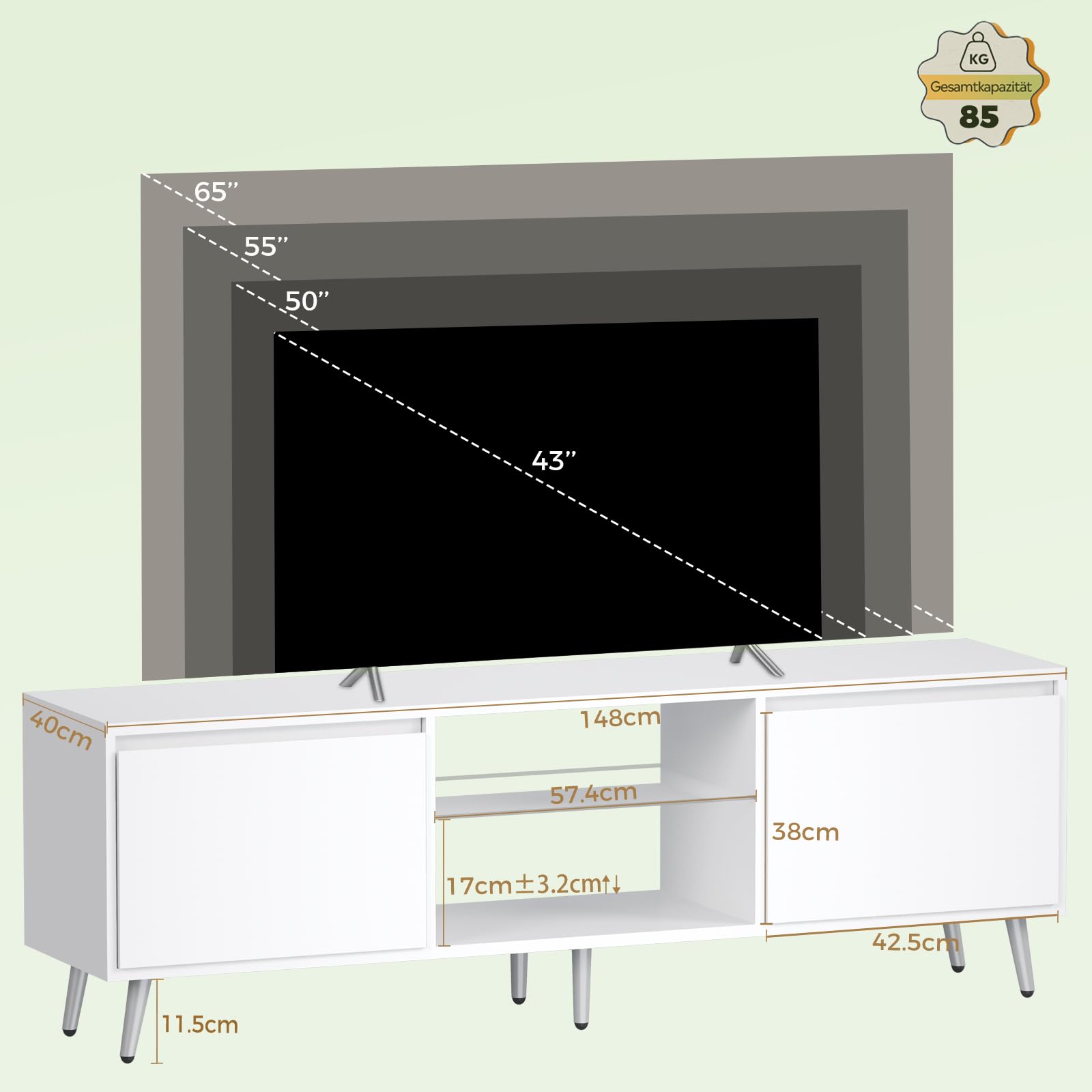BEWISHOME Mueble TV con Luz LED Ajustable, Ideal para Dormitorio, Oficina | Mesa TV Salón Moderna de 2 Puertas, Soporte de TV con Estantes de Vidrio Ajustables en Altura, 148x40x49.5 cm EKDG04W