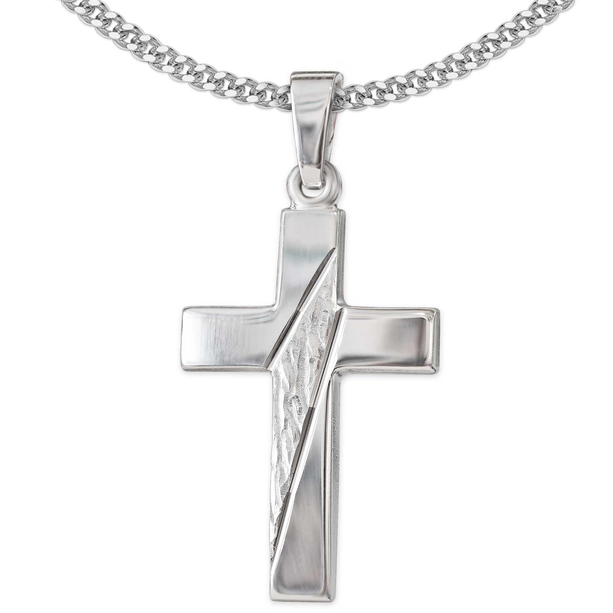 CLEVER SCHMUCK Kreuzkette Silber Anhänger Kreuz 21 mm glänzend quer diamantiert Kette Panzer 50 cm Sterling 925 im Kreuz sand