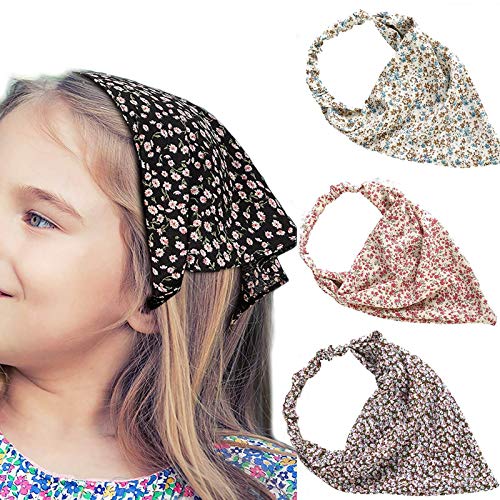 Vaveah 3 Pack Wide Bandana Headbands for Women, Printed Chiffon Hair Scarfs Head Kerchief, Boho Elastic Workout Headbands, Floral Hair Scarves with Pins (Set 3)