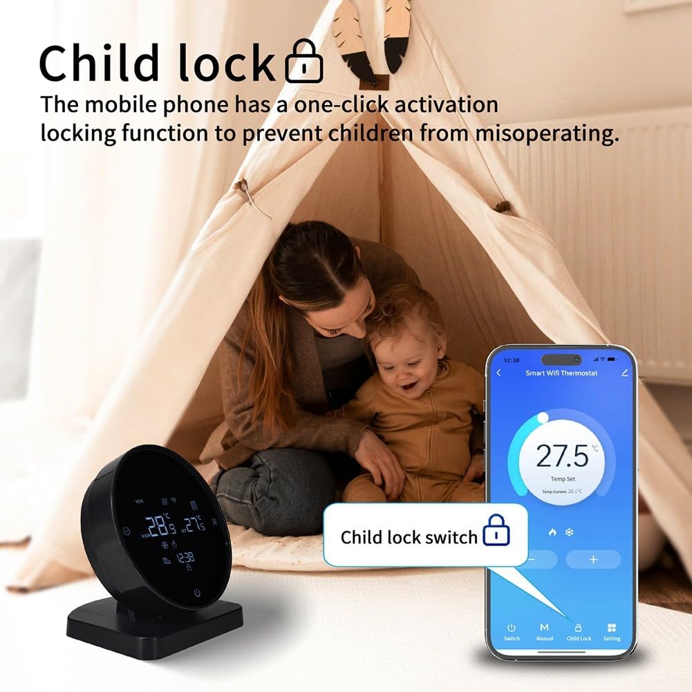 Thermostat d'ambiance sans fil compatible avec Alexa Google Assistant pour Smart Life App Télécommande pour système de chauffage au sol Noir