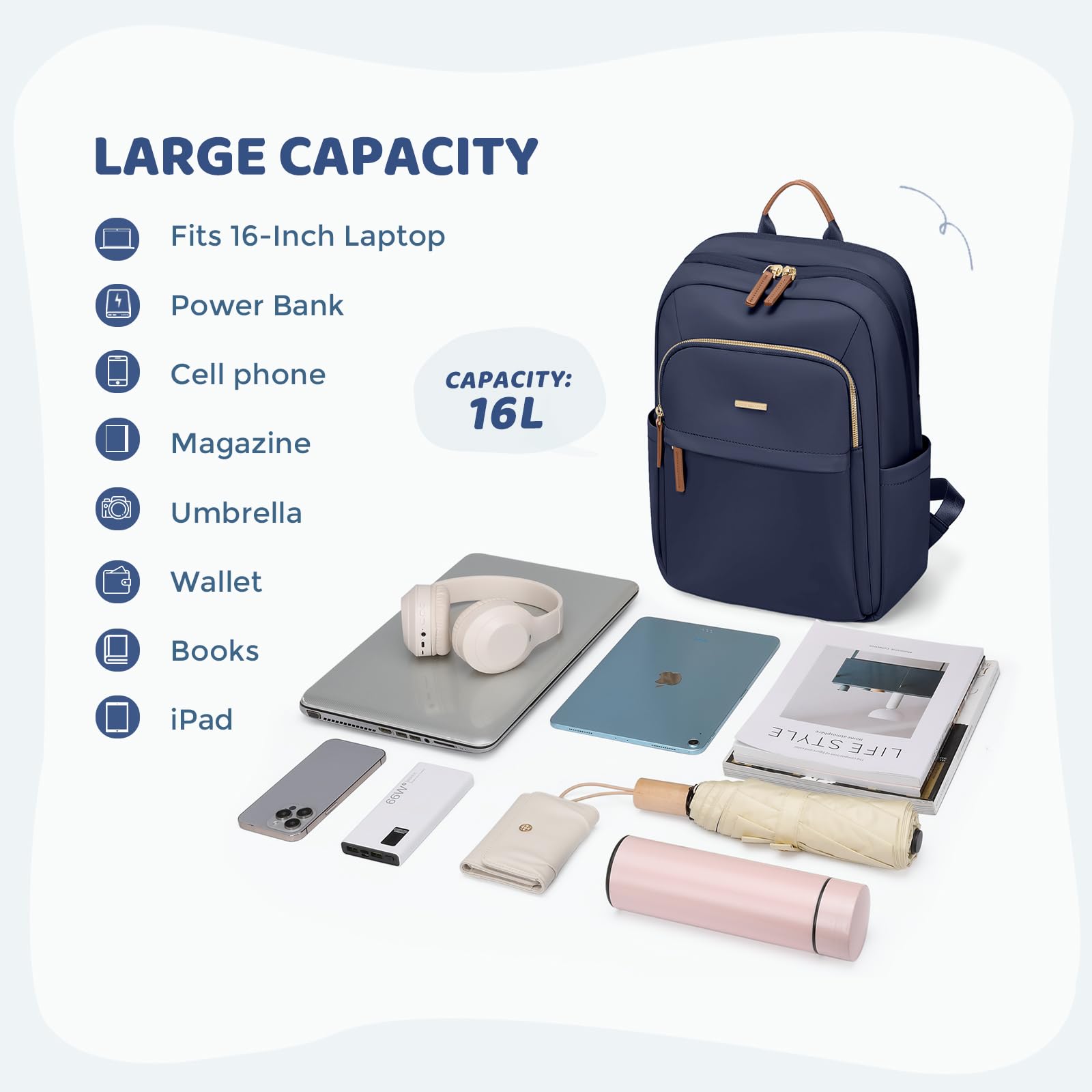Sac à dos de voyage GOLF QUALITY pour femmes Sac de transport imperméable Sac de week-end d'affaires Sac à dos de randonnée Multicouche Sac pour ordinateur portable, 16 pouces, A-bleu marine., 16 Inch