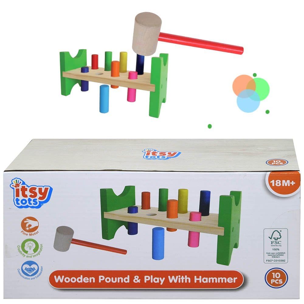 Itsy Tots Wooden Pound & Play with Hammer – 10 Pieces for Ages 18M+