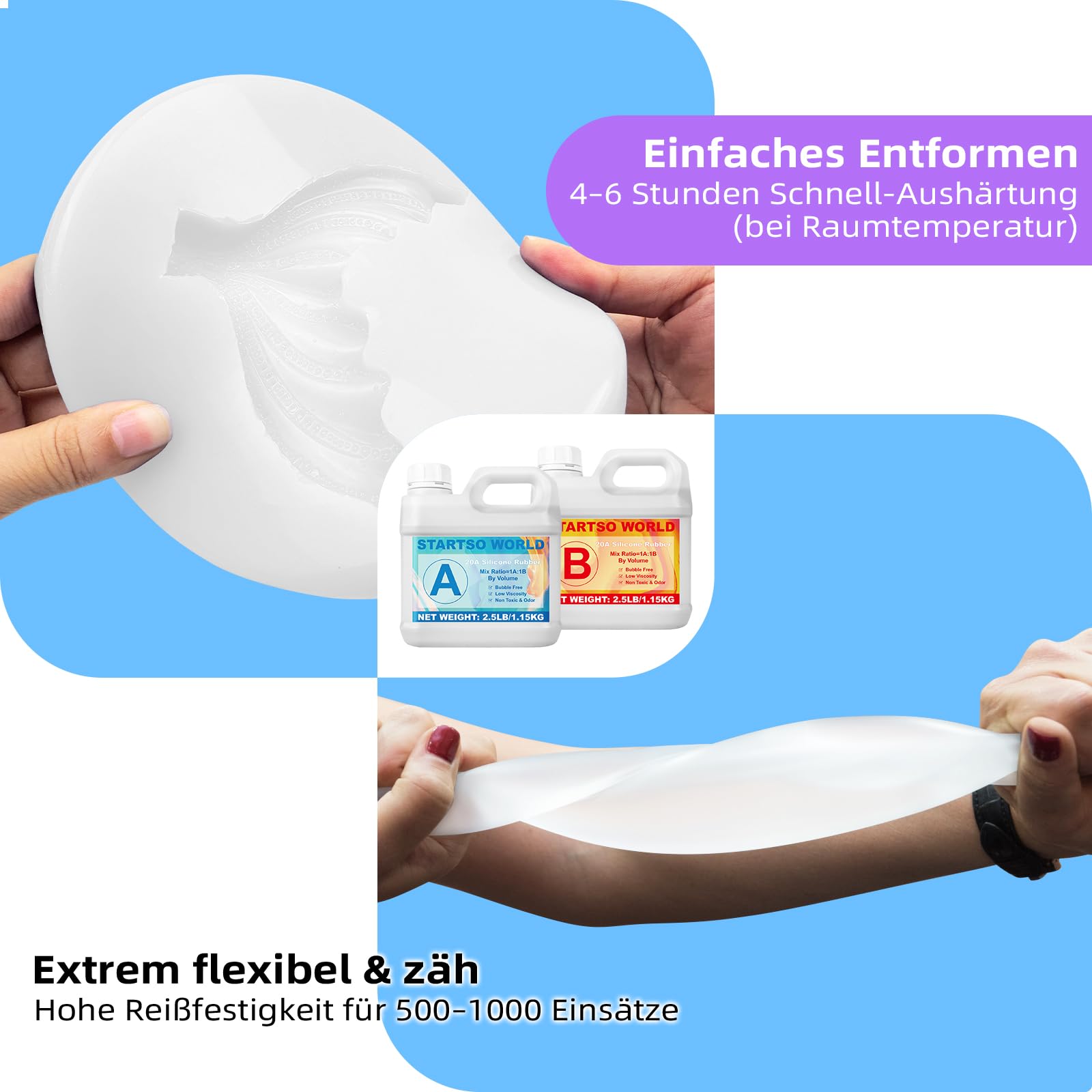 STARTSO WORLD Abformsilikon, 2L 20A Flüssiges Silikon/Gießsilikon, Transluzenter Silikonkautschuk für den Formenbau, ideal für DIY Harzformen, Kerzenform, Seifenform, Gießen, Basteln