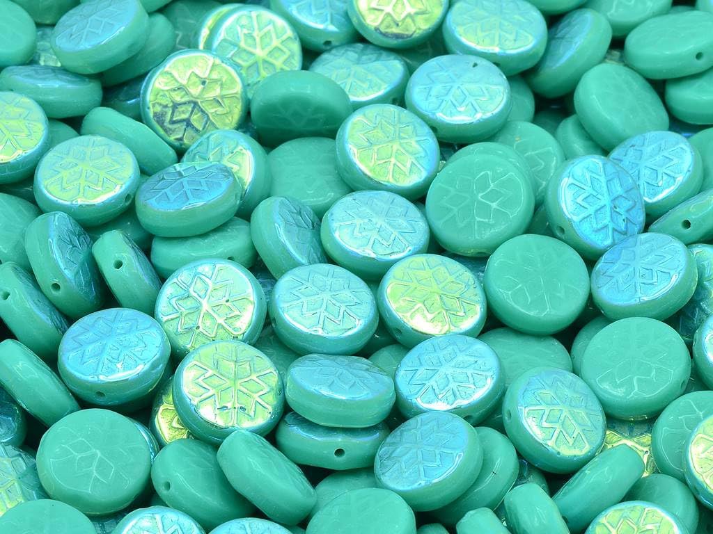 150pcs Snowflake Round Beads, Turquoise Ab (63130-28701), Glass, Czech Republic (0.43 inches)