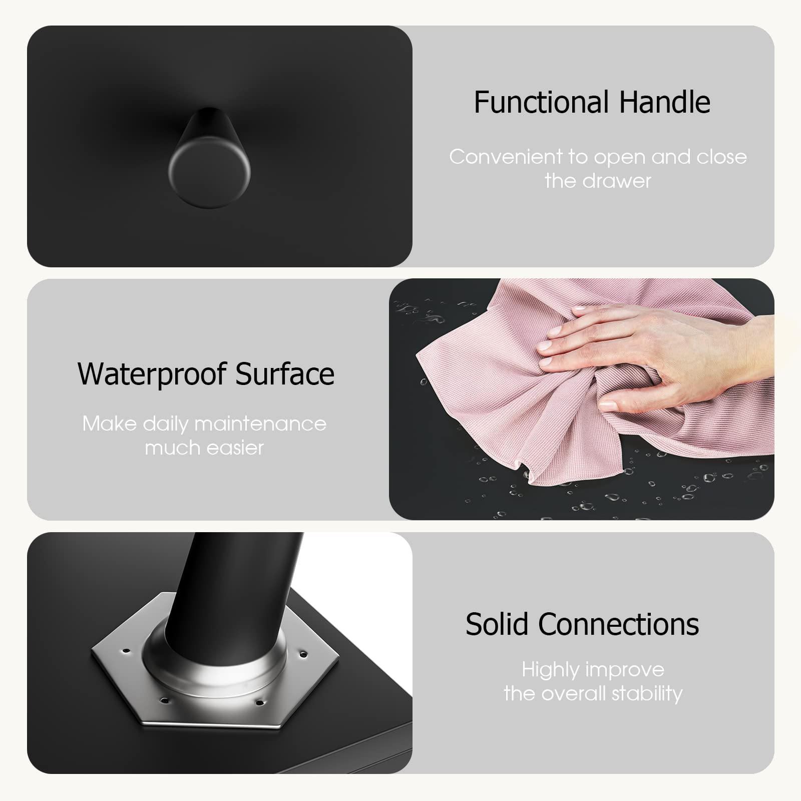LIFEZEAL Comodino Camera da Letto con 2 Cassetti, Gambe in Legno Massello, Nero, Moderno, Salvaspazio, Antiribaltamento, Tavolino Laterale Divano, Comò, per Soggiorno, Cameretta, Max 40kg, 45x40x62cm